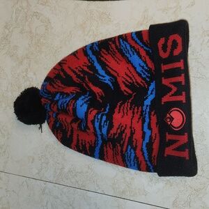 Nomis Spell Out Embroidered Logo Pom Pom Winter Touqe Hat Black, Red And Blue